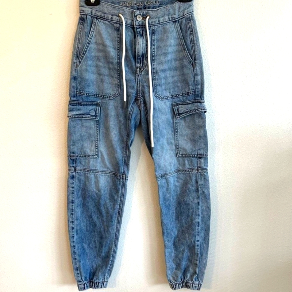 American eagle 00 blue jean cargo joggers denim waist tie pants